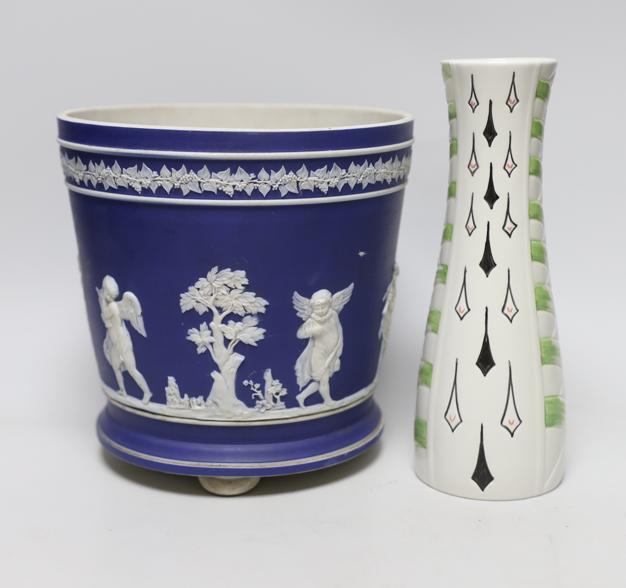 A 19th century Jasperware jardiniere and a J Wood for Burslem vase, tallest 22.5cm